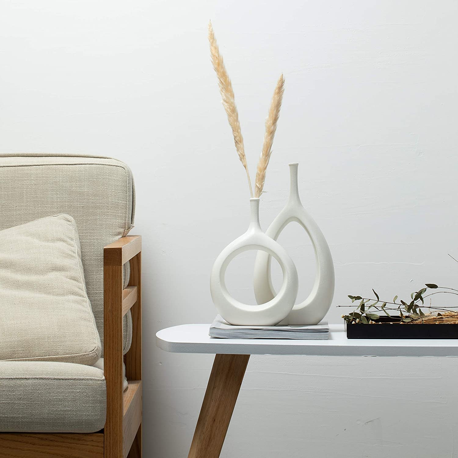 Ceramic Vase 2 Pack, White Modern Bud Vase, Ceramic Modern Vase Decor, Sculpture Decor, Fire Place Decoration, Mid Century Modern, Dia
