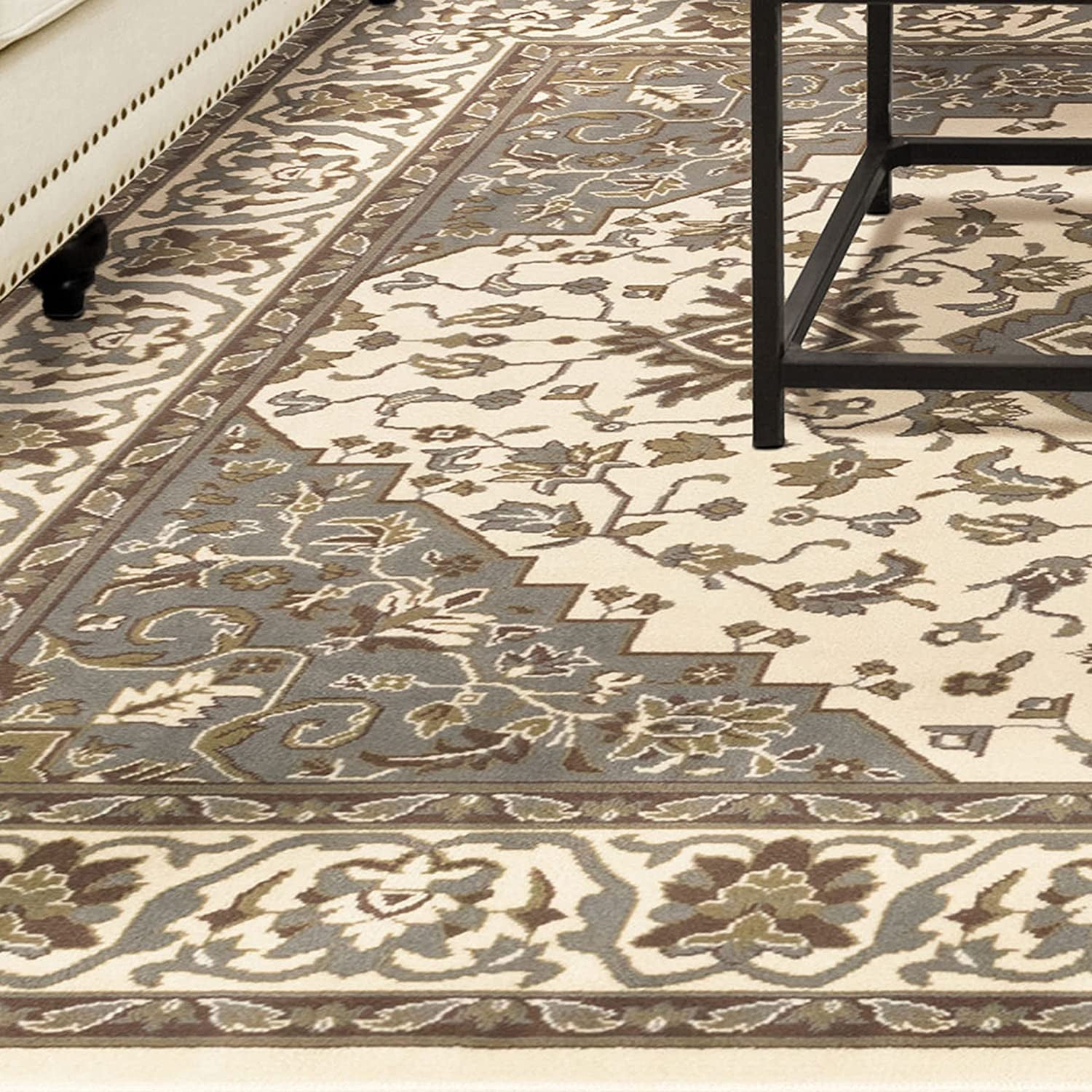SUPERIOR Glendale Traditional Floral Medallion Polypropylene Indoor Area Rug with Jute Backing, 4' X 6', Green