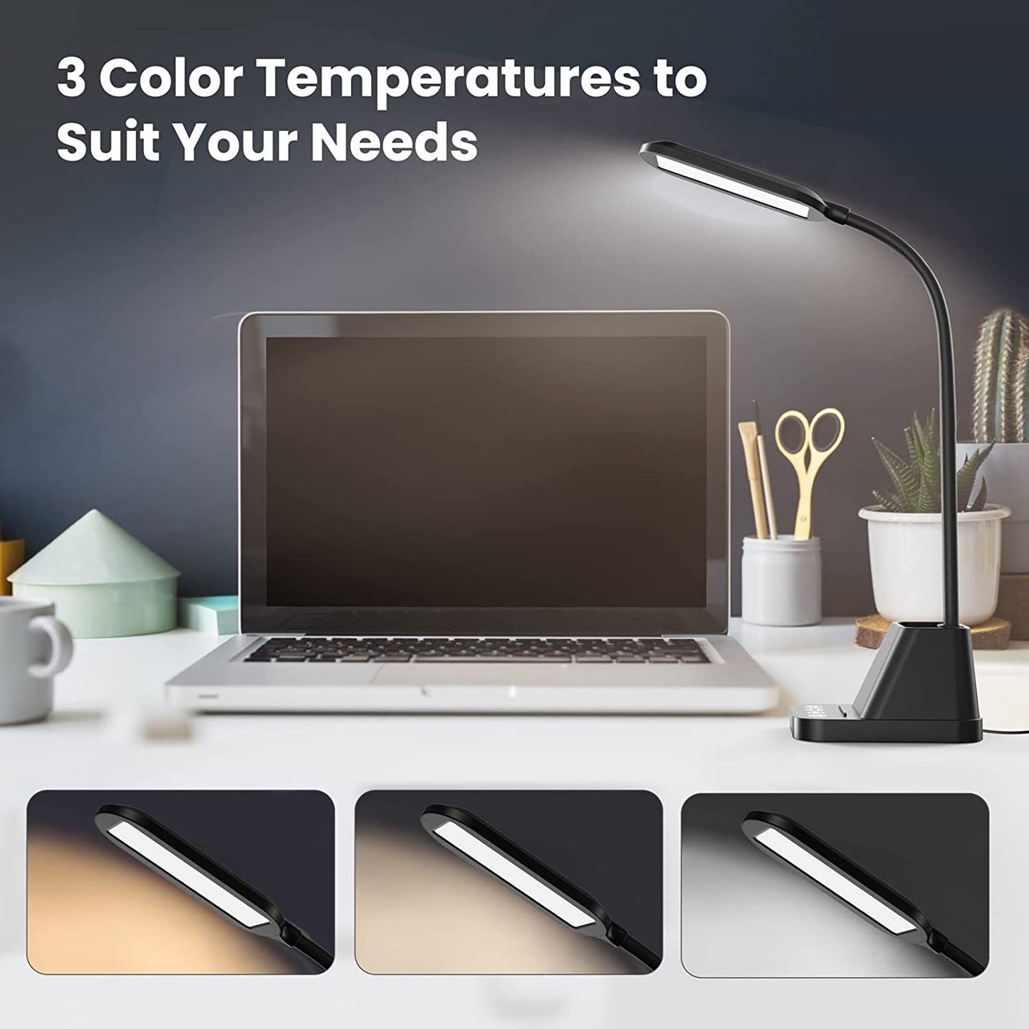 LED Desk Lamp with USB Charging Port, Small Desk Lamps for Home Office,  Desk Light for Bedrooms, Black Office Lamp for Small Spaces, 650LM, Gooseneck, Pen Holder, Study Lamps for College Dorm Room