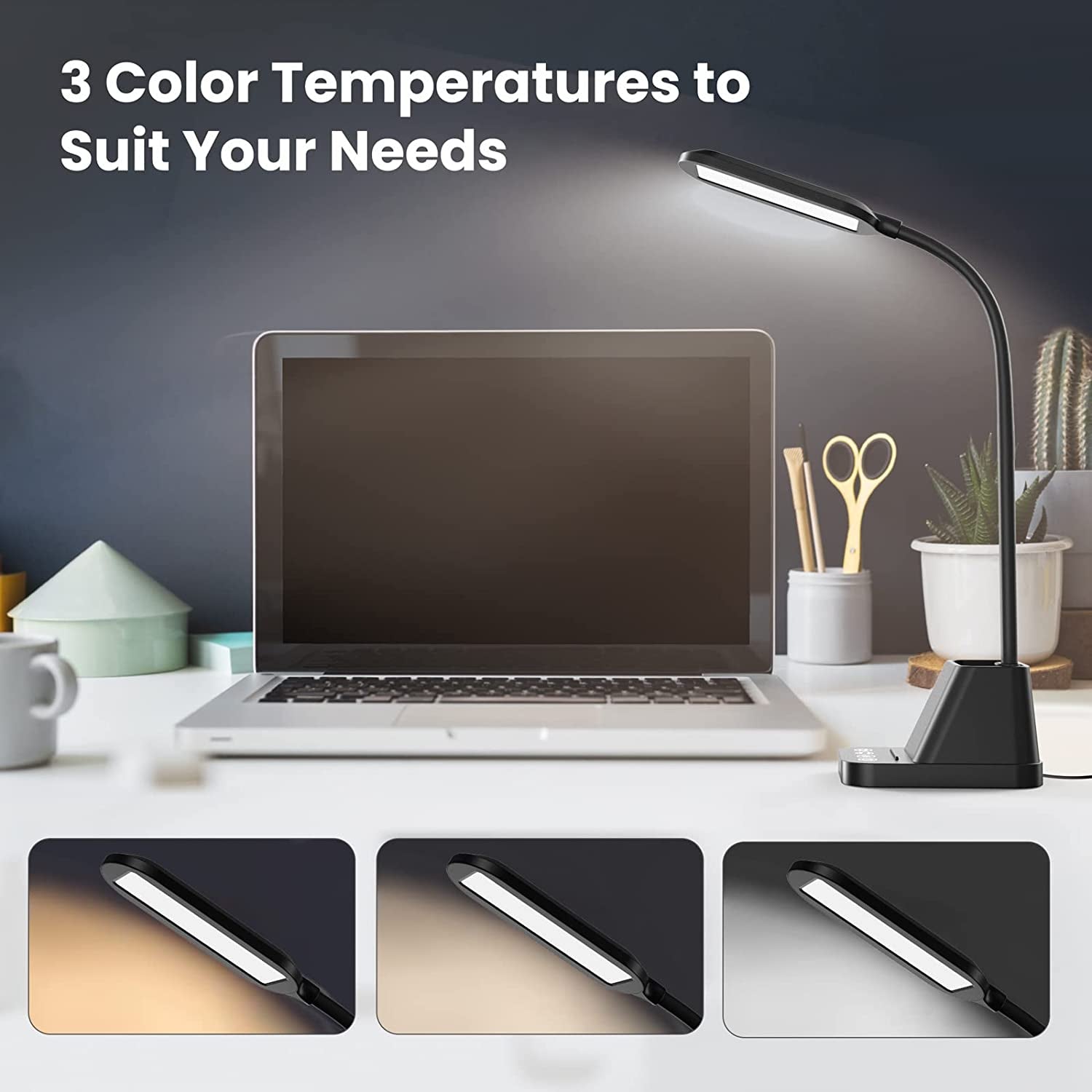 LED Desk Lamp with USB Charging Port, Small Desk Lamps for Home Office,  Desk Light for Bedrooms, Black Office Lamp for Small Spaces, 650LM, Gooseneck, Pen Holder, Study Lamps for College Dorm Room