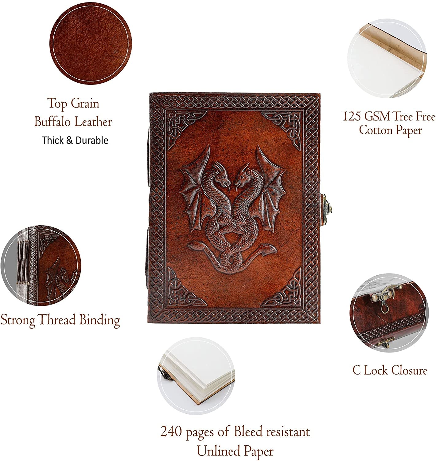 Handmade Leather Double Dragon Journal/Writing Notebook Diary/Bound Daily Notepad for Men & Women Unlined Paper Medium, Writing Pad Gift for Artit, ketch (8 X 6, Brown)