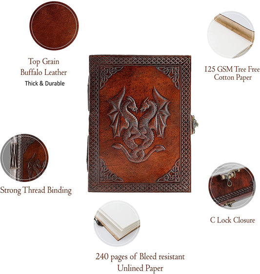 Handmade Leather Double Dragon Journal/Writing Notebook Diary/Bound Daily Notepad for Men & Women Unlined Paper Medium, Writing Pad Gift for Artit, ketch (8 X 6, Brown)