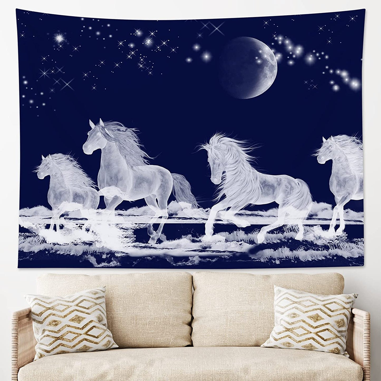 HVEST Galloping Horse Tapestry Animals Tapestry Wall Hanging Moon and Star in Night Starry Sky Tapestries for Bedroom Living Room Dorm Party Decor,60Wx40H Inches