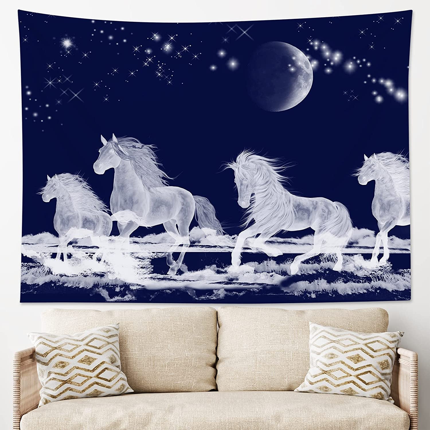 HVEST Galloping Horse Tapestry Animals Tapestry Wall Hanging Moon and Star in Night Starry Sky Tapestries for Bedroom Living Room Dorm Party Decor,60Wx40H Inches