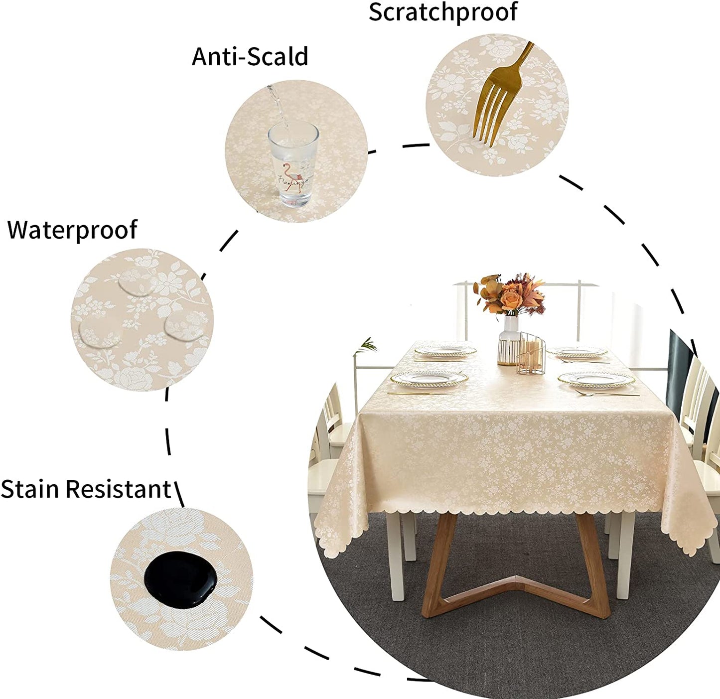 Rectangle Vinyl Tablecloth,100% Waterproof Heavy Duty Oil Spill Proof Stain Resistant Plastic PU Table Cover with Flannel Backing for Kitchen/Dining/Parties（Rose Beige, 60 X 84