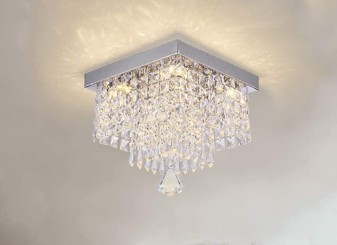 Modern Crystal Chandeliers Flush Mount Ceiling Light Lamp,Mini Square Flush Mount Ceiling Light Fixture Diameter 9.84 Inch Height 11.8 Inch, 4 Lights