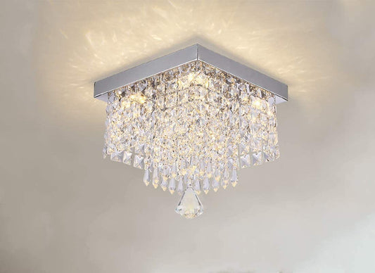 Modern Crystal Chandeliers Flush Mount Ceiling Light Lamp,Mini Square Flush Mount Ceiling Light Fixture Diameter 9.84 Inch Height 11.8 Inch, 4 Lights