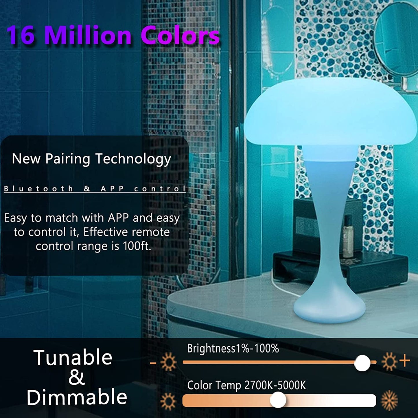 RGB Color Changing Mushroom Lamp, Smart Ambient Light Table Lamp with APP Control, Night Light for Kids Room, Nursery, Bedside Nightstand Lamps for Bedroom Living Room Desk Best Gift (White)
