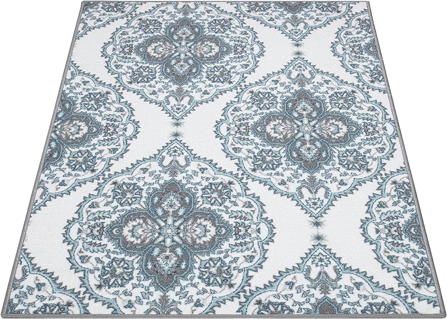 Ottohome Collection Boho Design Non-Slip Rubberback 3X5 Area Rug, 3'3" X 5', Blue/Ivory