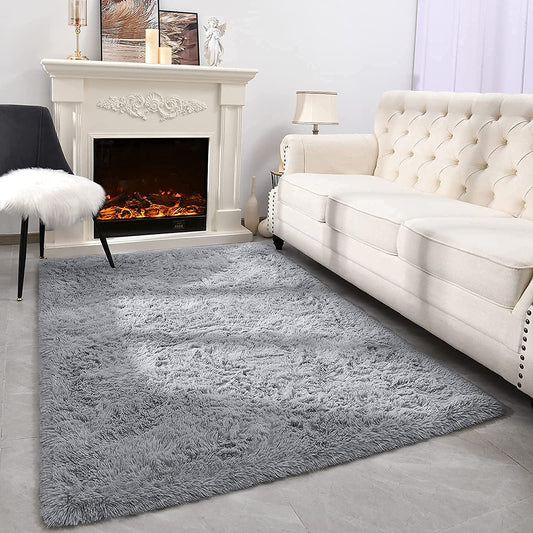Grey Shaggy Rugs for Bedroom Living Room, Super Soft Fluffy Fuzzy Area Rug for Kids Baby Nursery, Modern Indoor Plush Carpet for Home Decor, 4X5.9 Feet Floor Furry Rugs for Children Dorm Rug