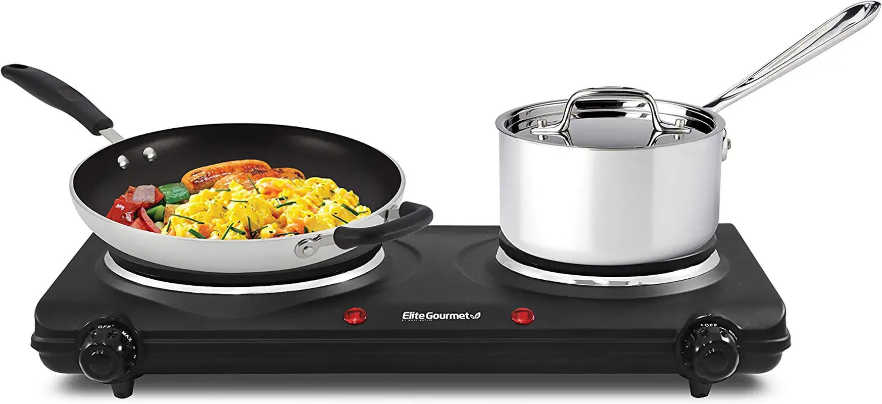 EDB-302BF Countertop Double Cast Iron Burner, 1500 Watts Electric Hot Plate, Temperature Controls, Power Indicator Lights, Easy to Clean, Black