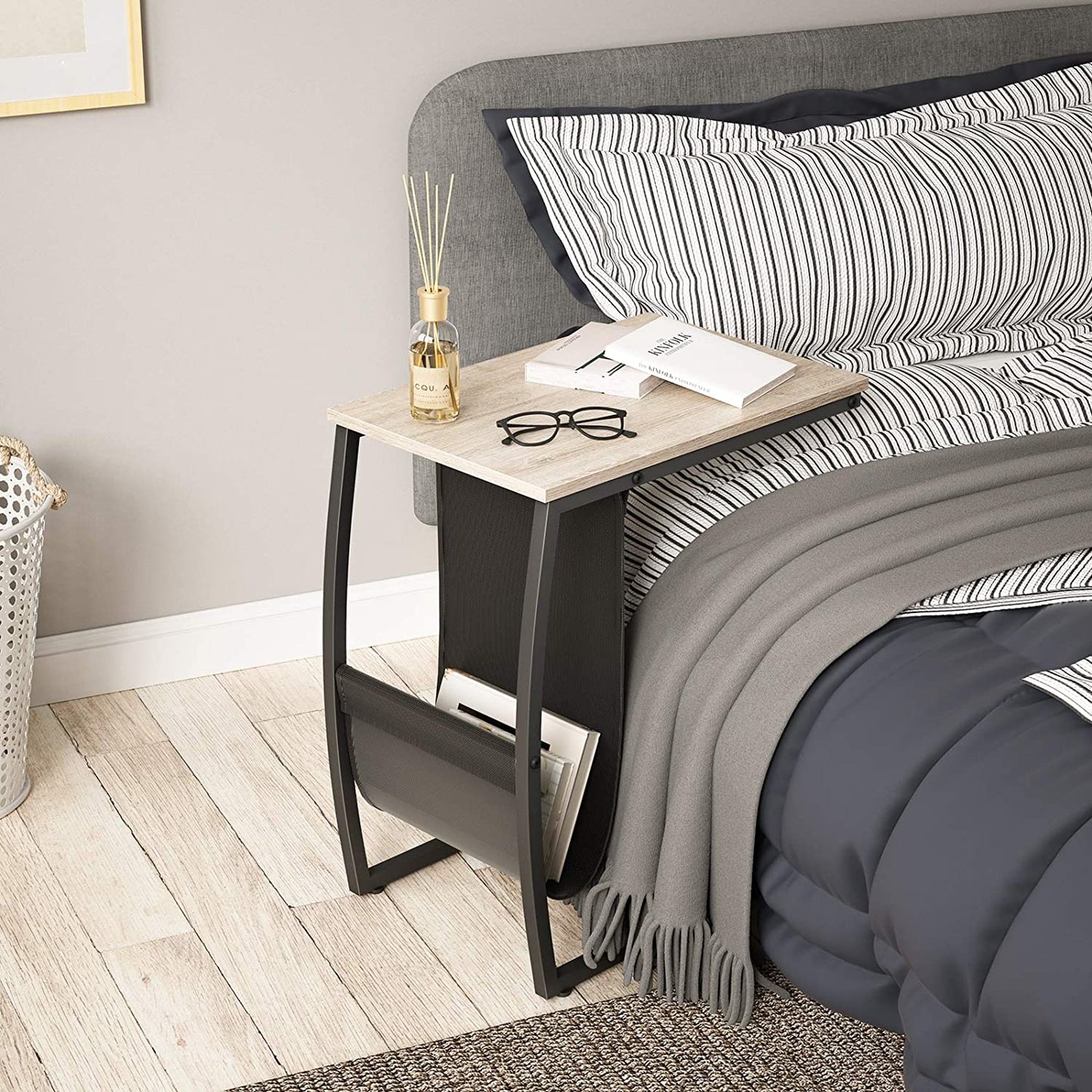 Sofa Side Table, C Table End Table with Side Pocket, Snack Table for Living Room Couch, French Oak Grey