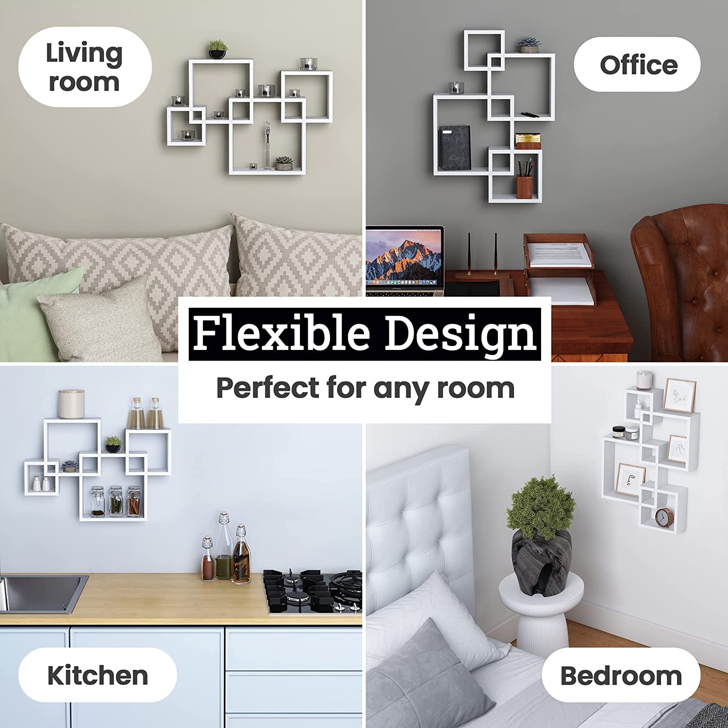 Gray Floating Cube Shelves - Intersecting Wall Mounted Shelves - Wall Decor Square Shelves for Bedrooms, Living Rooms & More - Set of 4 Box Shelves
