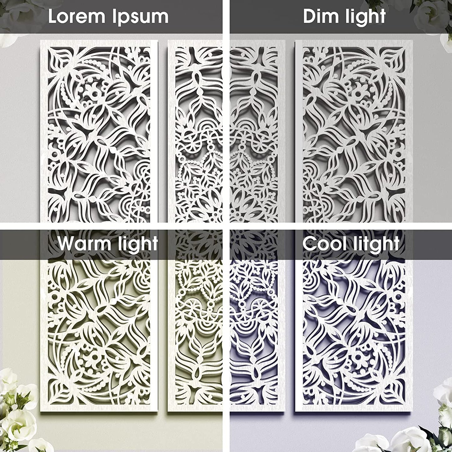 Set of 3 Lightweight Mandala Wall Art White Carved Wood Hanging Wall Decor Modern Cutout Wooden Plaque Floral Aesthetic Wood Decor with Hook for Home Bedroom Kitchen Cafe Office, 15.75 X 5.12 Inch
