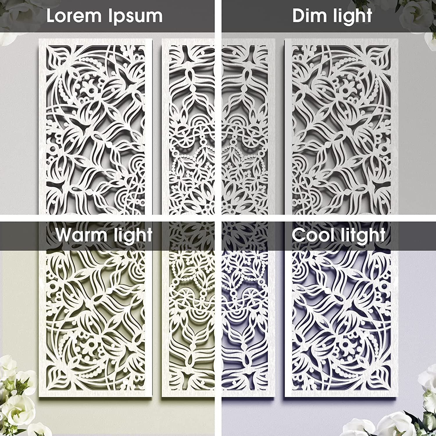 Set of 3 Lightweight Mandala Wall Art White Carved Wood Hanging Wall Decor Modern Cutout Wooden Plaque Floral Aesthetic Wood Decor with Hook for Home Bedroom Kitchen Cafe Office, 15.75 X 5.12 Inch