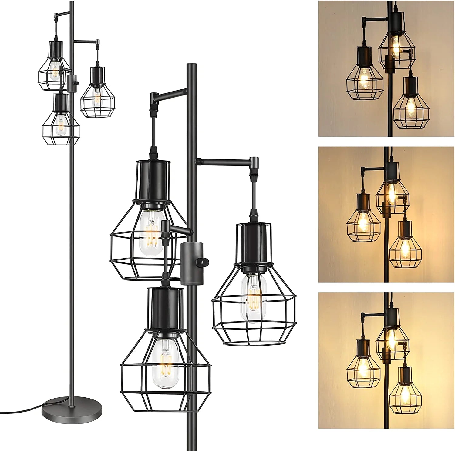 Industrial Floor Lamp, Dimmable Farmhouse Standing Lamp for Living Room, Sturdy Base, Rustic Tall Tree Reading Lamps Home Decor for Bedroom, Office, Black (3 LED Edison Bulbs Included)