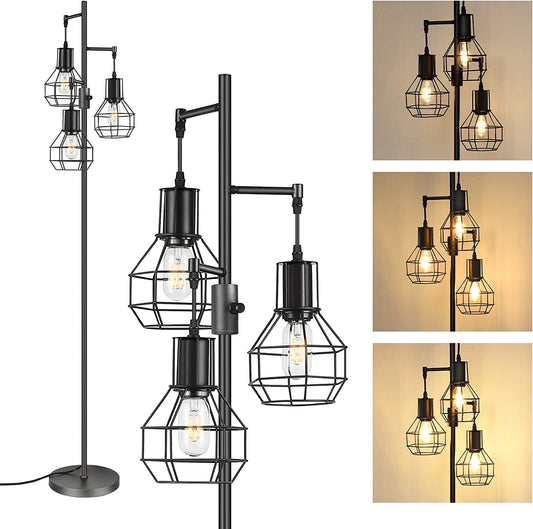 Industrial Floor Lamp, Dimmable Farmhouse Standing Lamp for Living Room, Sturdy Base, Rustic Tall Tree Reading Lamps Home Decor for Bedroom, Office, Black (3 LED Edison Bulbs Included)