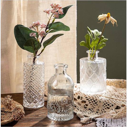 Glass Bud Vase Set of 3, Small Flower Vases for Decorative, Gradient Glass and Embossed Style Mini Glass Bottles for Home Decor, Vintage Glass Bottles for Centerpiece 3.3"-5.2''H. (Clear)