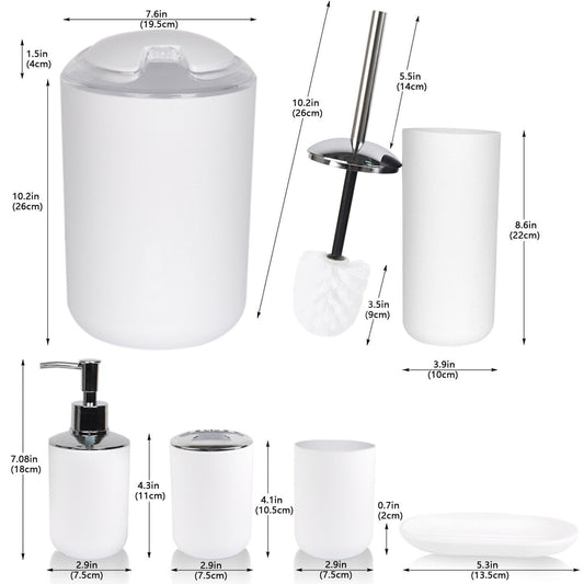 White Bathroom Accessories Set 6 Piece Bath Ensemble for Decorative Countertop