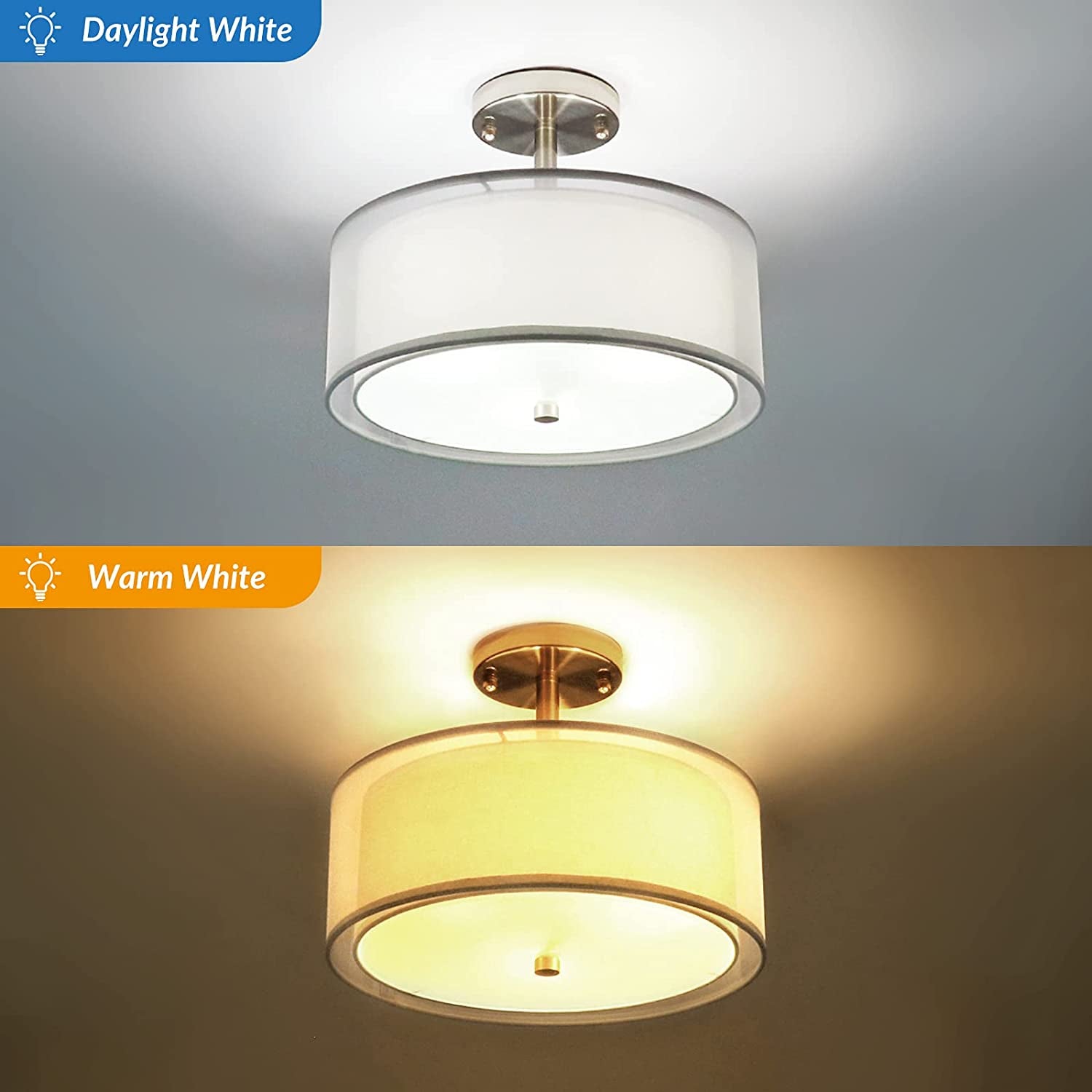3-Light Semi Flush Mount Ceiling Light Fixture, Drum Light with Double Fabric Shade, Modern Close to Ceiling Lights for Living Room, Bedroom, Dining Room, Kitchen, Hallway, Entry, Foyer
