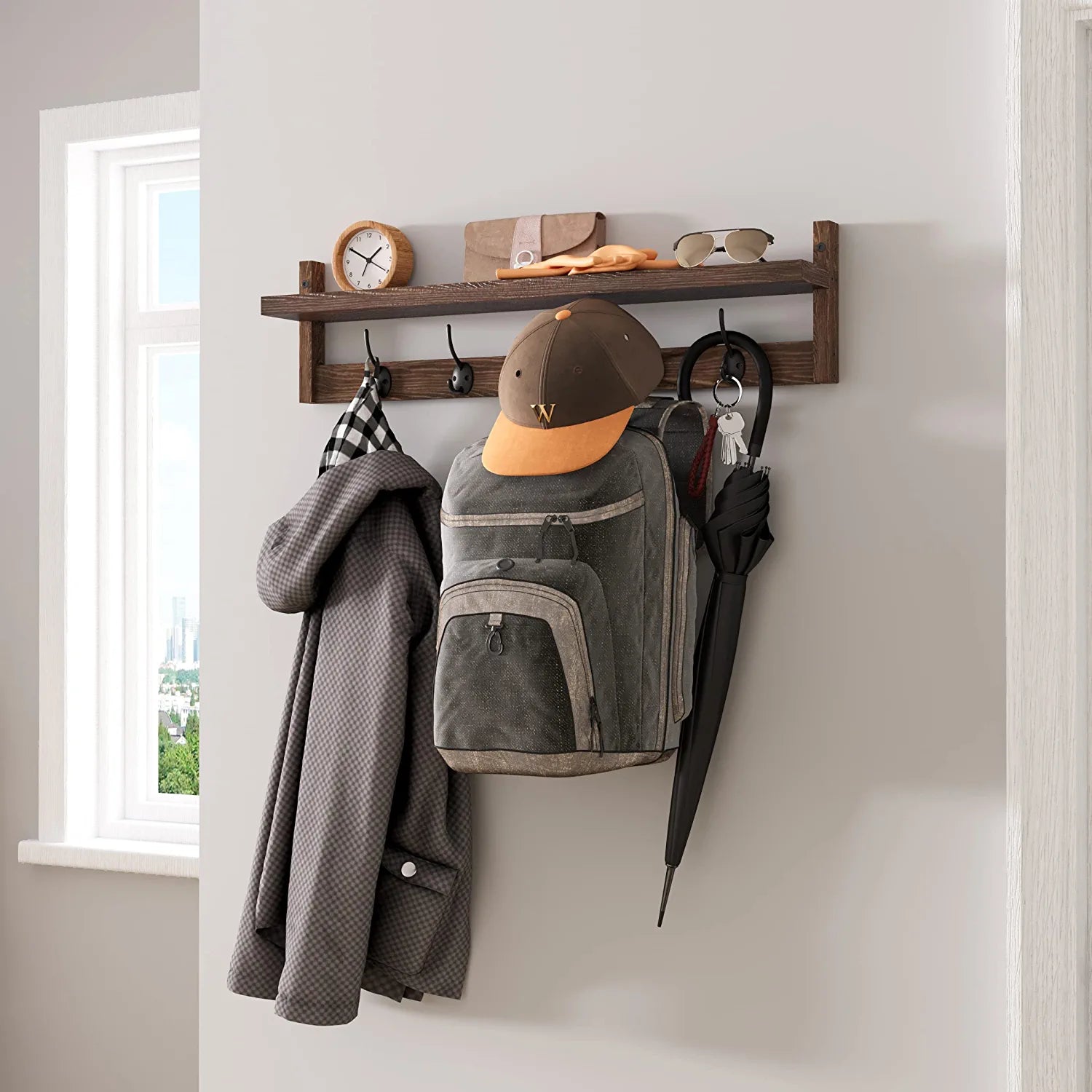 Wall Hooks with Shelf 28.9 Inch Length Entryway Wall Hanging Shelf Wood Coat Hooks for Wall with Shelf Wall-Mounted Coat Hook Rack with 5 Dual Hooks for Bathroom, Living Room, Bedroom (Brown )