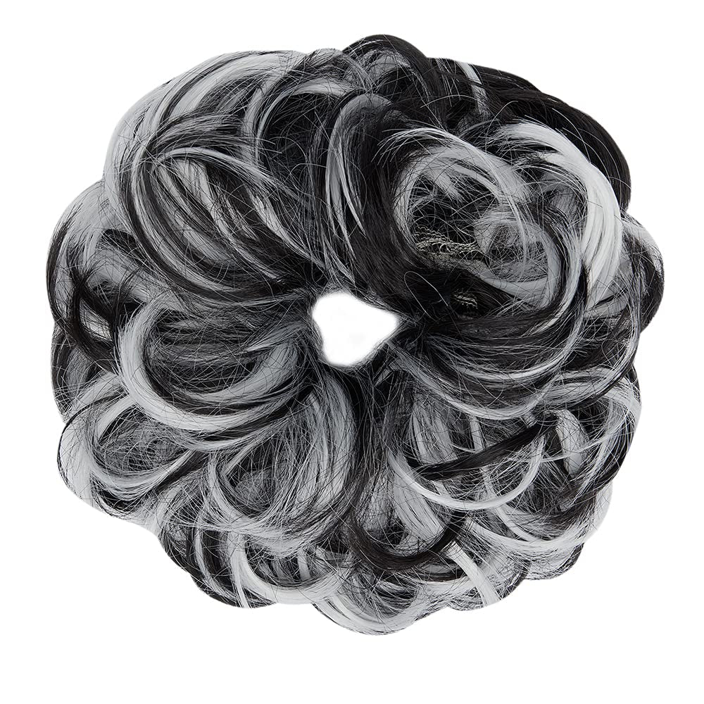 Hair Bun Extensions Messy Curly Hair Scrunchies Hairpieces Synthetic Donut Updo Hair Pieces for Women Girls 1PCS Natural Black Mix White