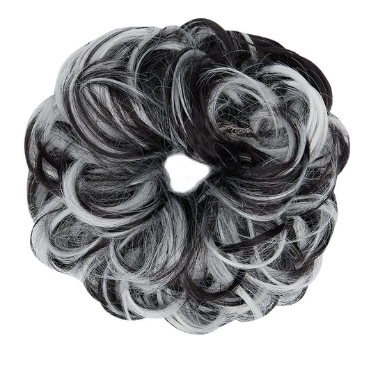 Hair Bun Extensions Messy Curly Hair Scrunchies Hairpieces Synthetic Donut Updo Hair Pieces for Women Girls 1PCS Natural Black Mix White