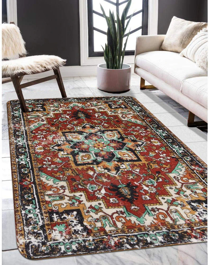 Collection Traditional Oriental Area Rug - 3’ X 5’ Faux Wool Non-Slip Area Rug Accent Distressed Throw Rugs Floor Carpet for Living Room Bedrooms Laundry Room Decor (3’ X 5’, Red)