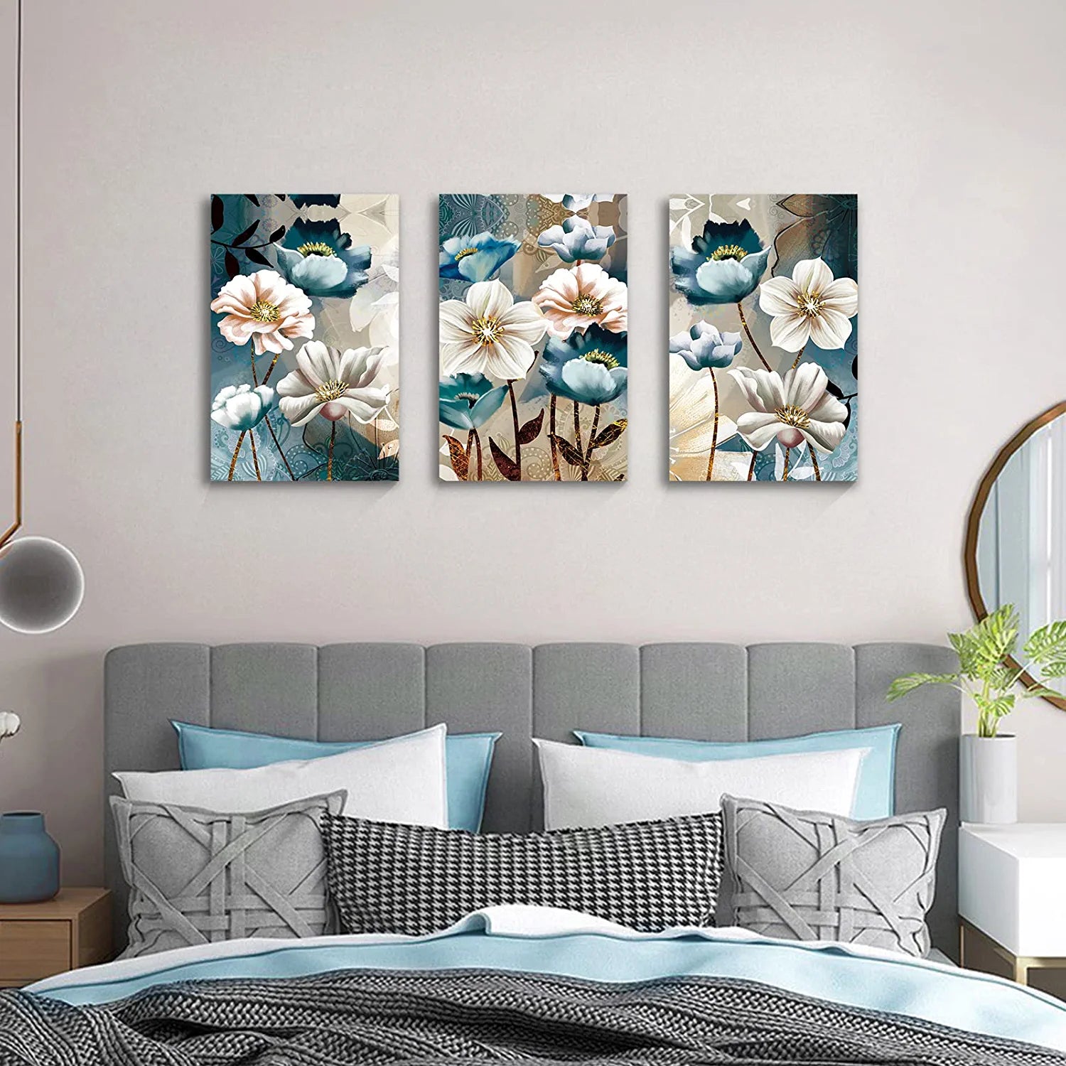 Lotus Flower Canvas Wall Decor Living Room White and Indigo Blue Floral Picture Wall Art for Dining Room Bedroom Bathroom Kitchen Prints Paintings for Home Decorations