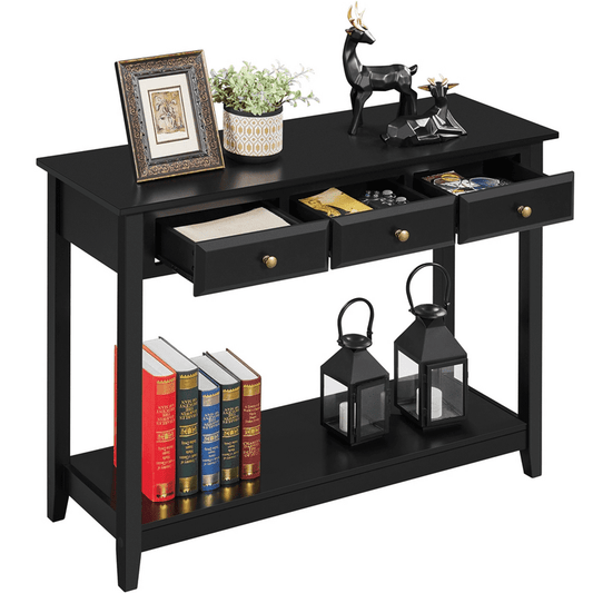 Topeakmart 3-Drawer Wooden Console Table Entryway Table with Storage Shelf Pine Wood Legs, Black