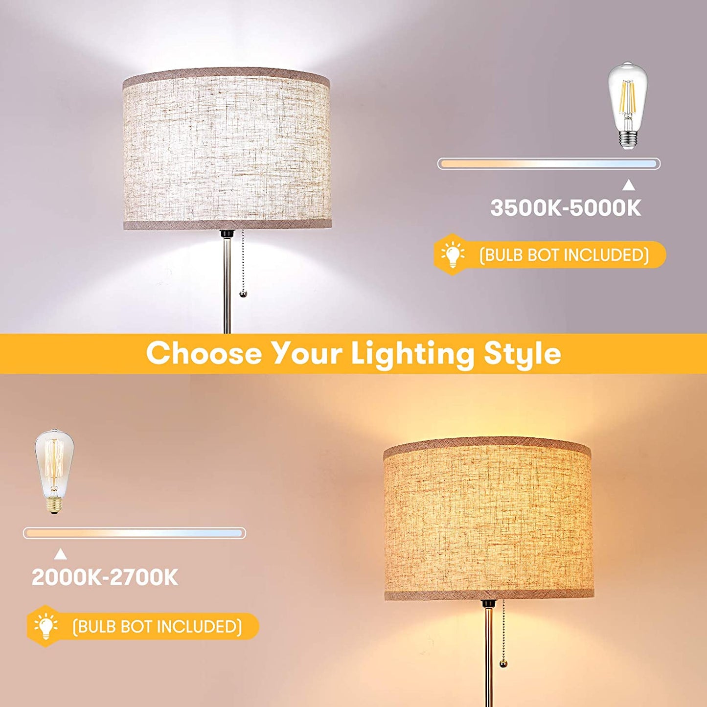 Modern Floor Lamp for Bedroom - Stand up Reading Lamps for Living Room, Contemporary Office Lighting with Beige Drum Fabric Shade, Farmhouse Pole Lamp, Corner Tall Standing Lamp Kids-Pull Chain