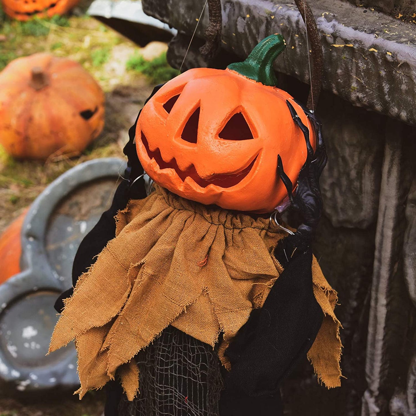 47.2" Halloween Hanging Pumpkin Ghost Animated Halloween Decorations with Sound & Light, Scary Creepy Spooky Props for Halloween Décor Outdoor, Haunted House