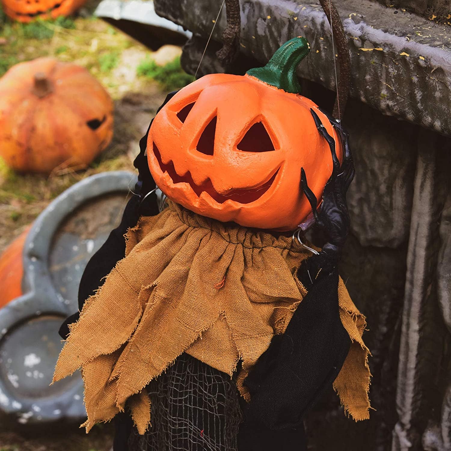 47.2" Halloween Hanging Pumpkin Ghost Animated Halloween Decorations with Sound & Light, Scary Creepy Spooky Props for Halloween Décor Outdoor, Haunted House