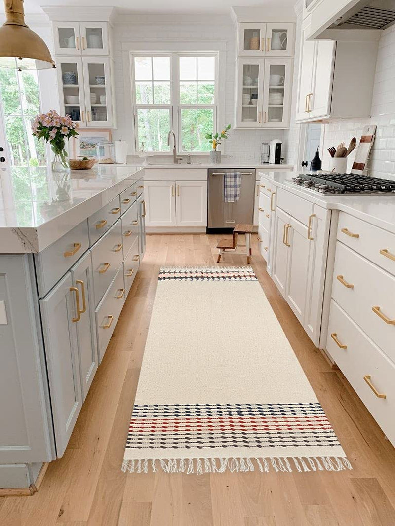 MOTINI Hand Woven Cotton Runner Rug 2' X 6', Knotted Bohemian Accent Throw Rug with Tassels, Natural Color Textured Runner Rug for Bedroom,Living Room,Laundry Room