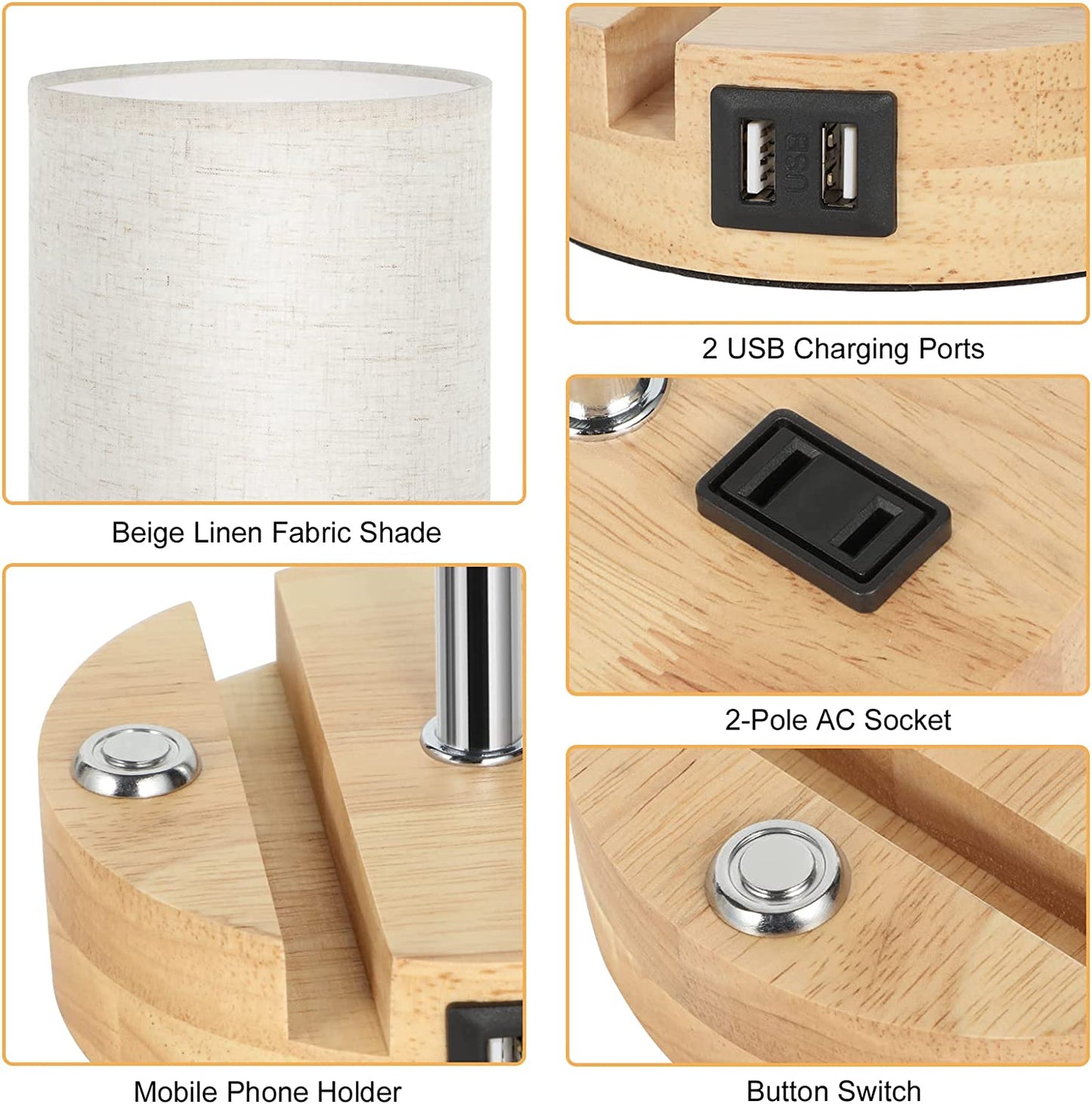 Bedside Lamps Set of 2 with USB Ports and AC Outlet, Wood Small Table Lamps with Phone Holder and E26 Bulbs, 3 Way Dimmable Nightstand Lamps for Bedroom Living Room Reading (Light Brown, Beige)