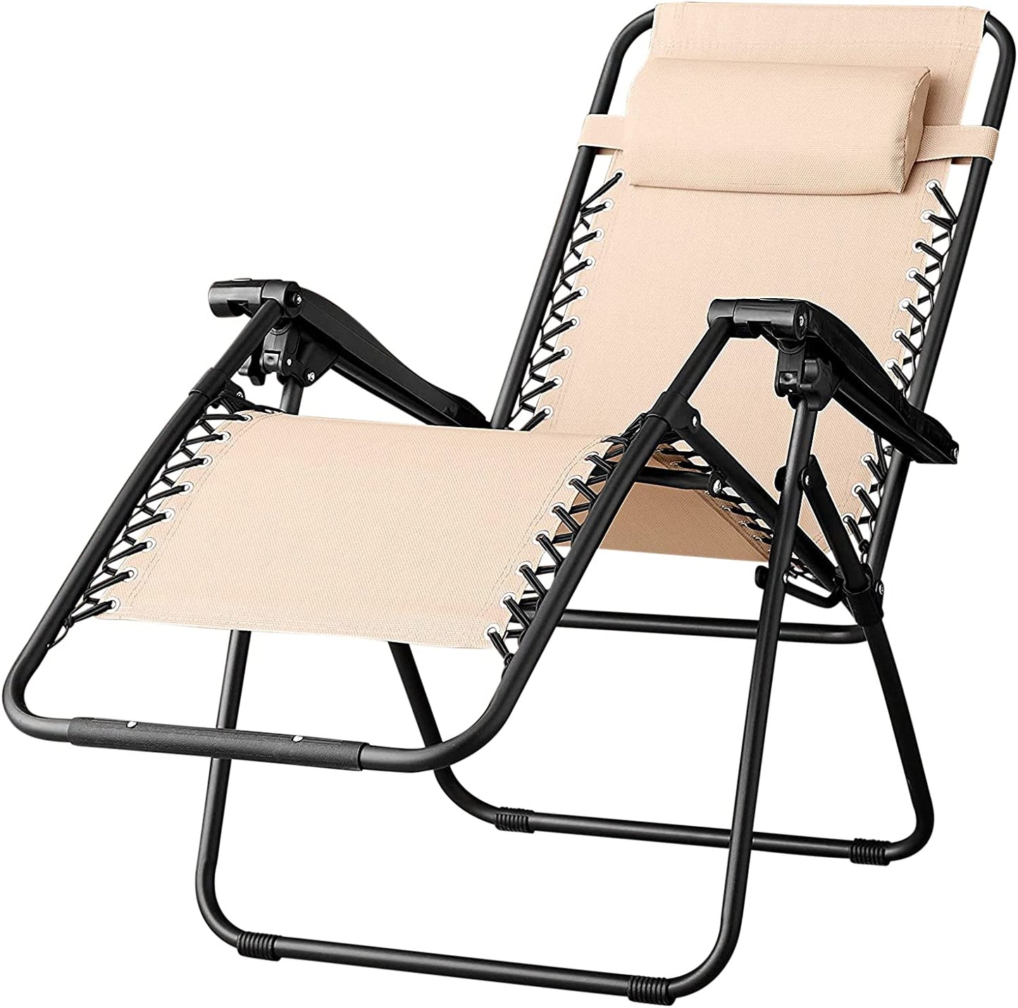 Outdoor Textilene Adjustable Zero Gravity Folding Reclining Lounge Chair with Pillow, Beige