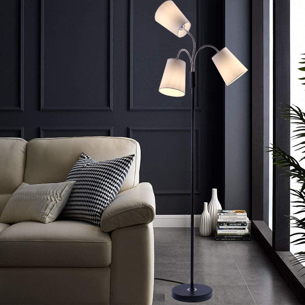 Multi Head Floor Lamp - 3 Light Adjustable Floor Lamp - Standing Lamp with 3 Adjustable White Fabric Drum Shades (Black)