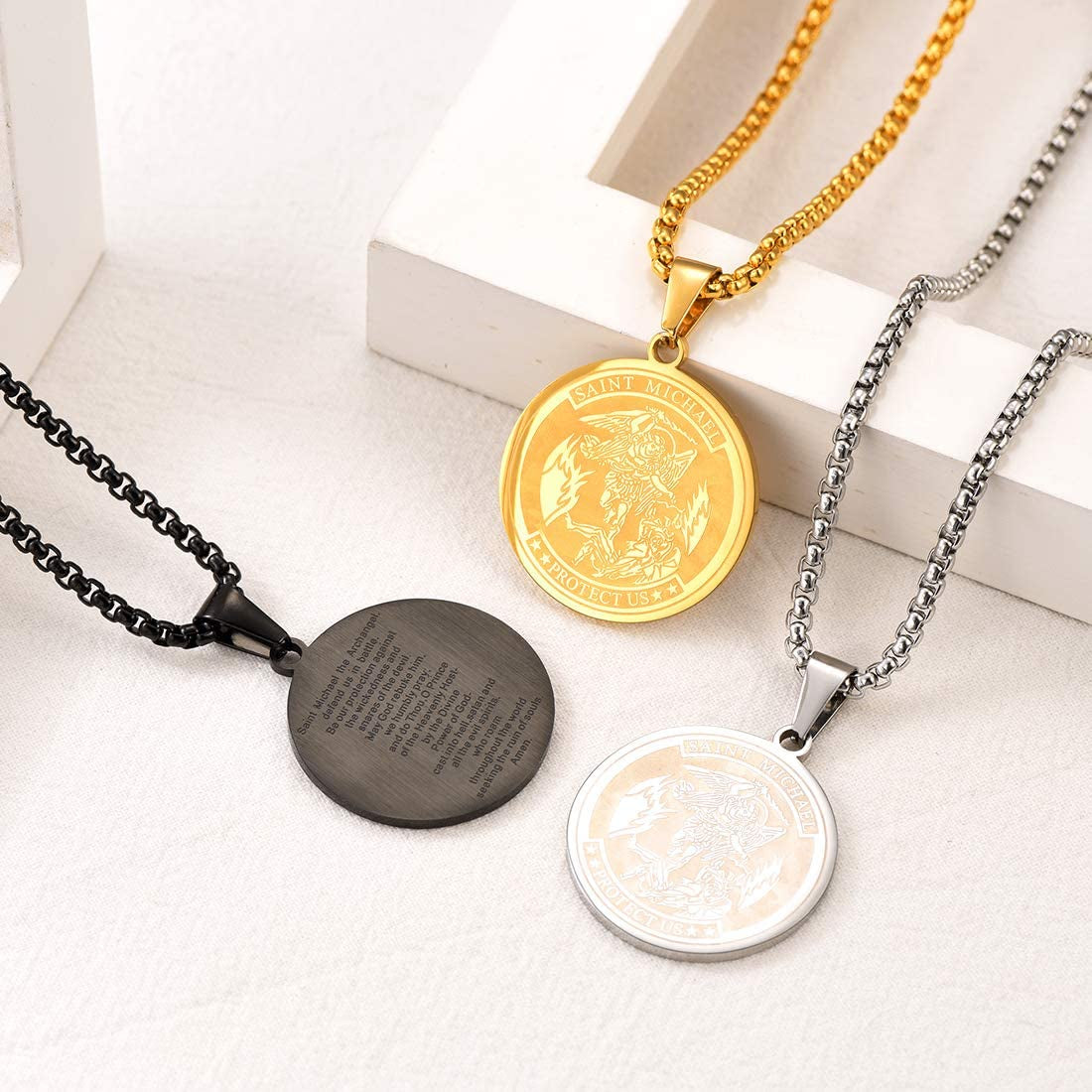 U7 St. Michael Medal for Men Women Stainless Steel 18K Gold Plated Biblical Archangel Pendant Round/Oval/Shield Patron Saint Christopher/Michael Necklaces with 22" Box Chain