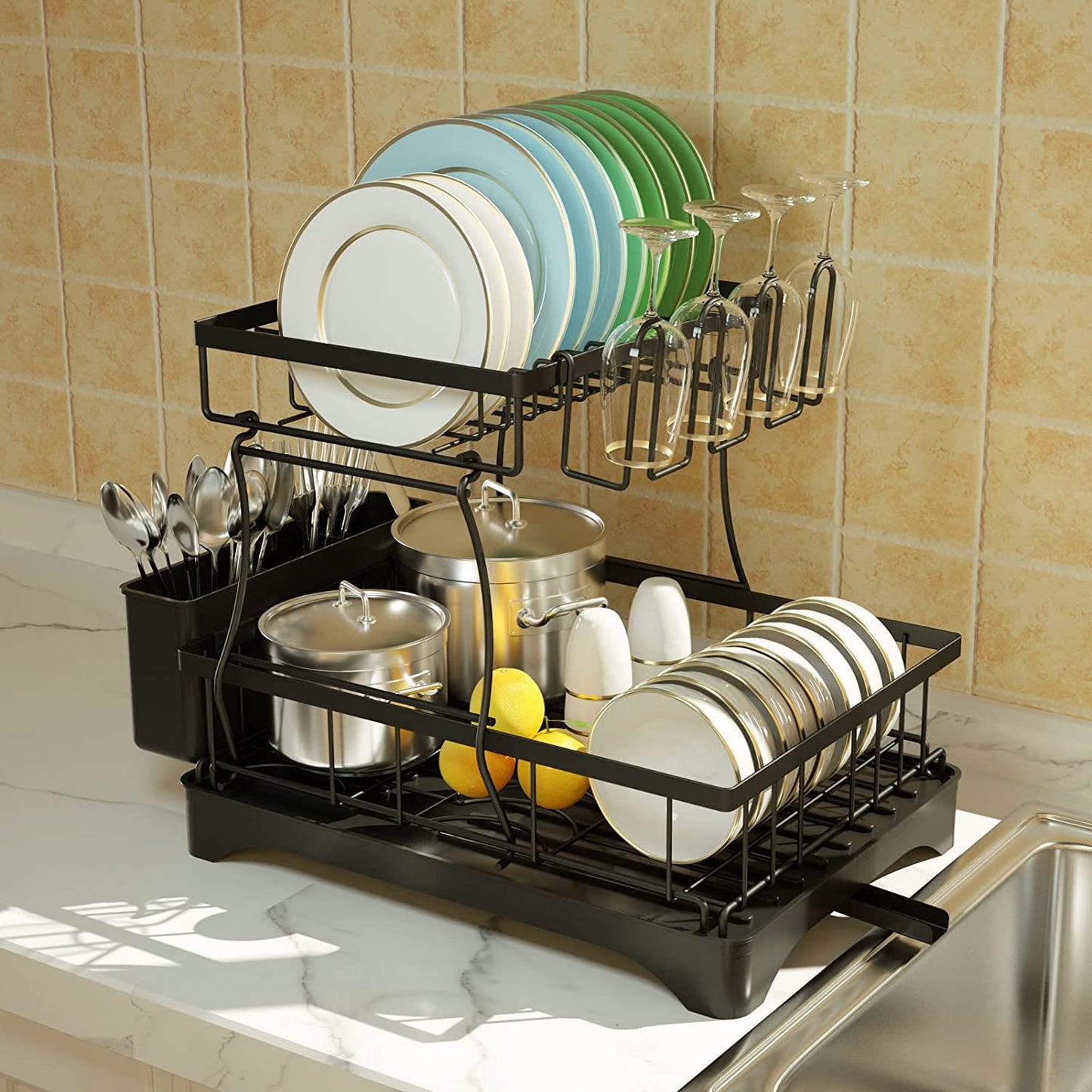 2 Tier Dish Drying Rack for Kitchen Counter, Black Metal Dish Drainers Rack with Drainboard, Large Dish Dryer with Detachable Cup Rack and Utensil Holder
