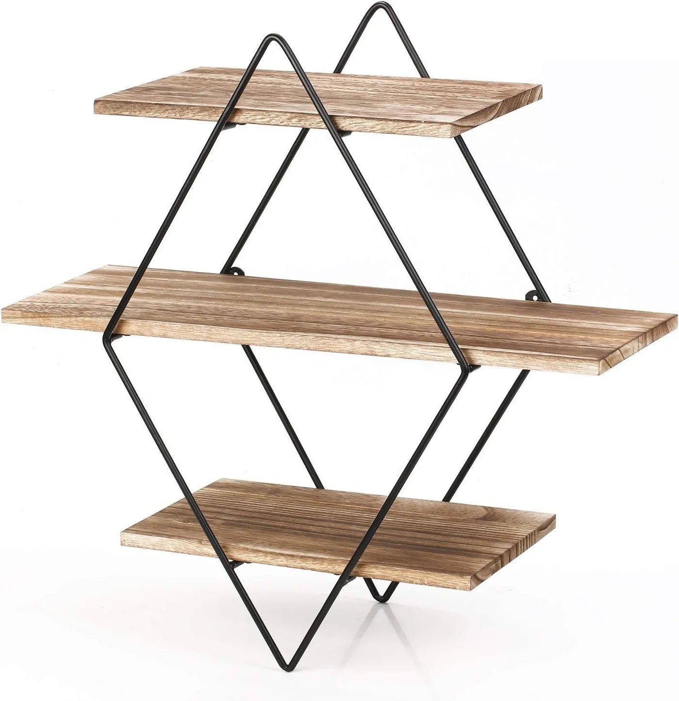 Floating Shelves, Rustic Wood Geometric Wall Shelf, 3 Tier Diamond Metal Storage Shelves for Bedroom, Bathroom, Living Room, Kitchen, Office, Black and Brown