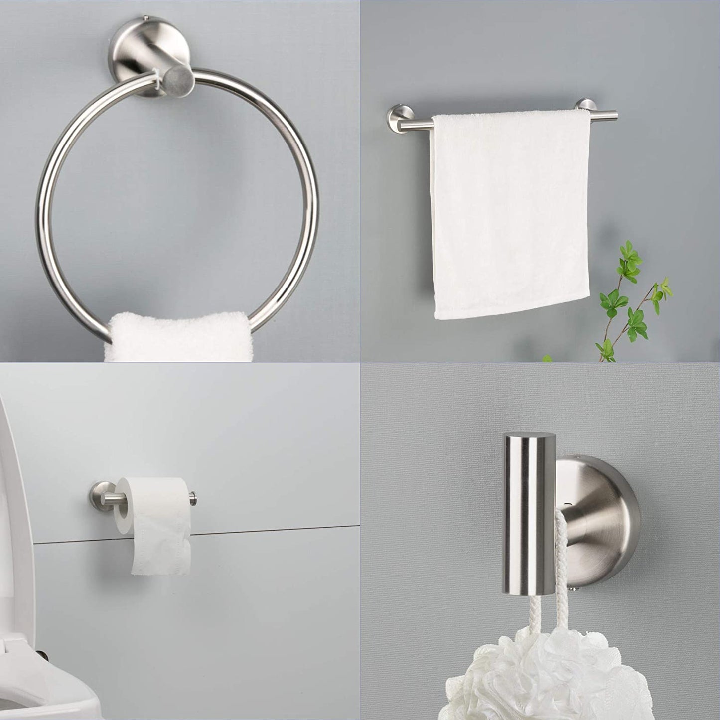Bathroom Hardware Set, 7 Piece Towel Bar Set Brushed Nickel Bathroom Accessories Set Wall Mount Include 16'' Hand Towel Bar, Toilet Paper Holder, Towel Ring, 4 Robe Towel Hooks