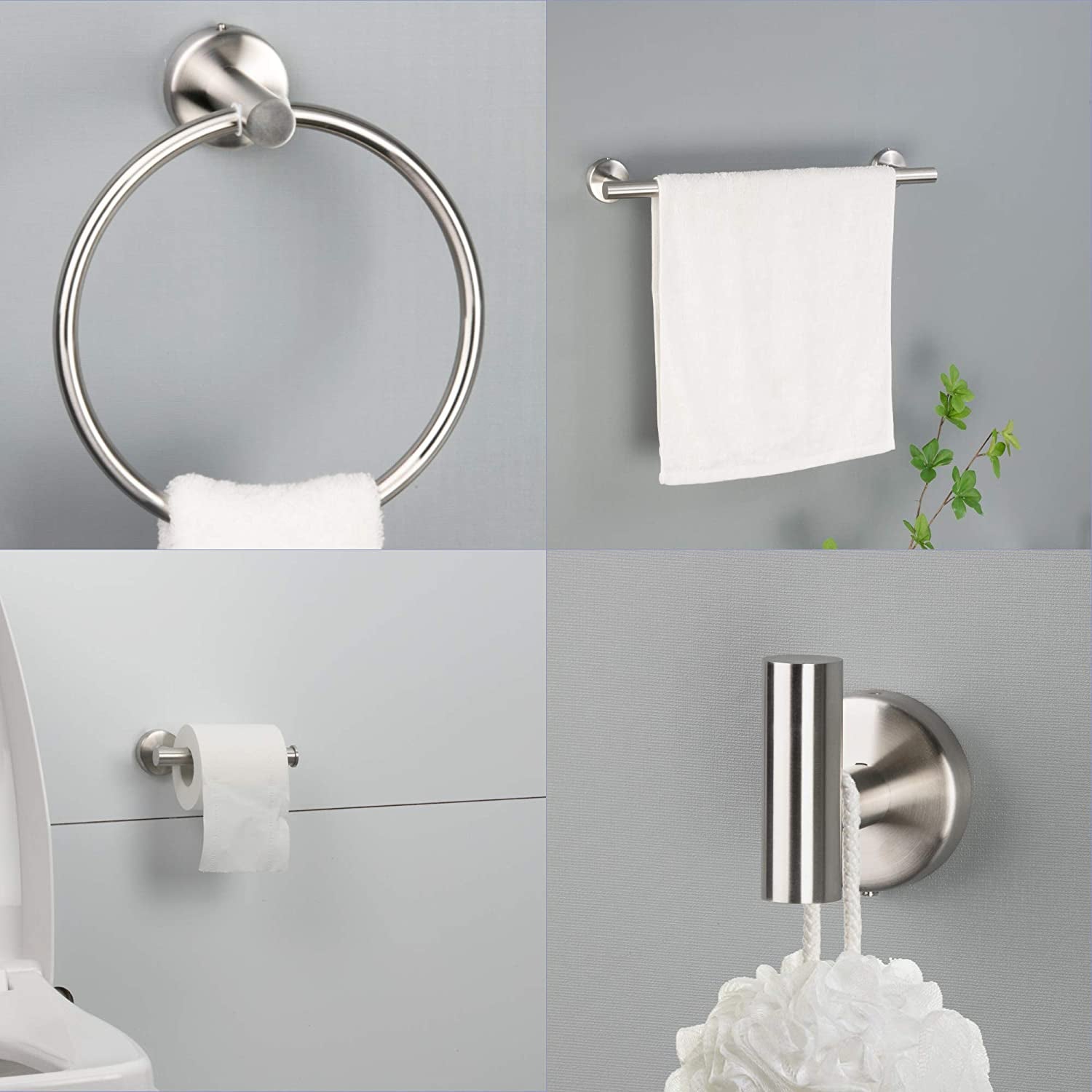 Bathroom Hardware Set, 7 Piece Towel Bar Set Brushed Nickel Bathroom Accessories Set Wall Mount Include 16'' Hand Towel Bar, Toilet Paper Holder, Towel Ring, 4 Robe Towel Hooks