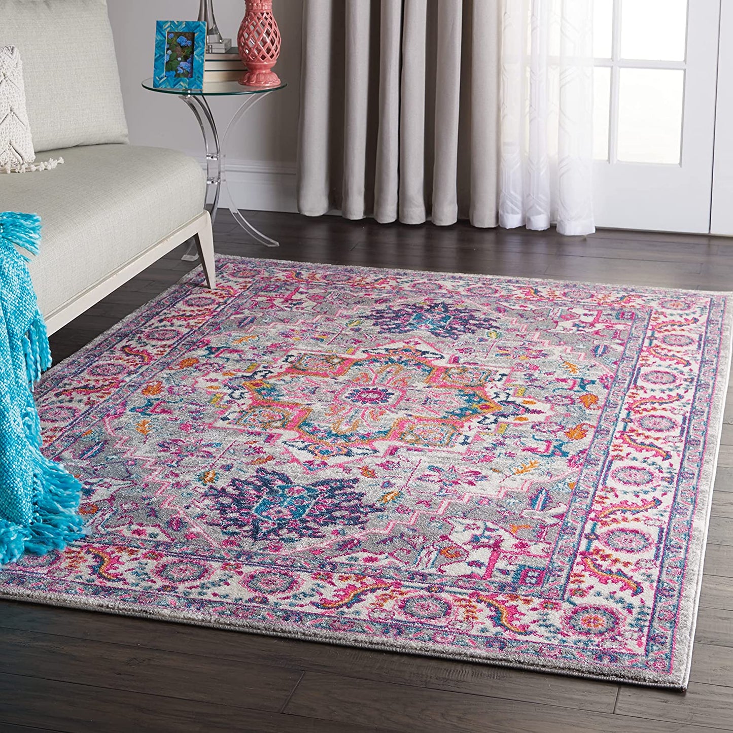 Passion Bohemian Light Grey/Pink 5'3" X 7'3" Area Rug, Easy Cleaning, Non Shedding, Bed Room, Living Room, Dining Room, Kitchen (5X7)