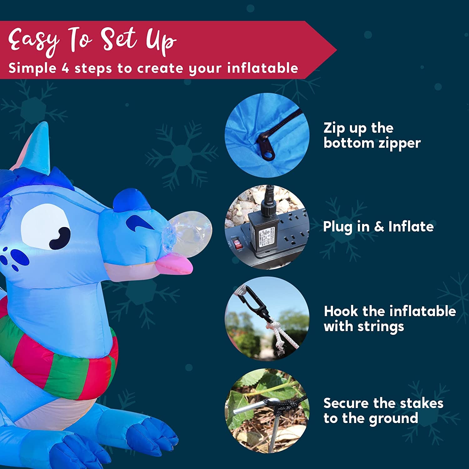 6 FT Long Christmas Inflatable Dragon, Blow up Lighted Inflatables Blue Dragon with Snowflake for Christmas Party Indoor, Outdoor, Yard, Garden, Lawn Winter Decorations