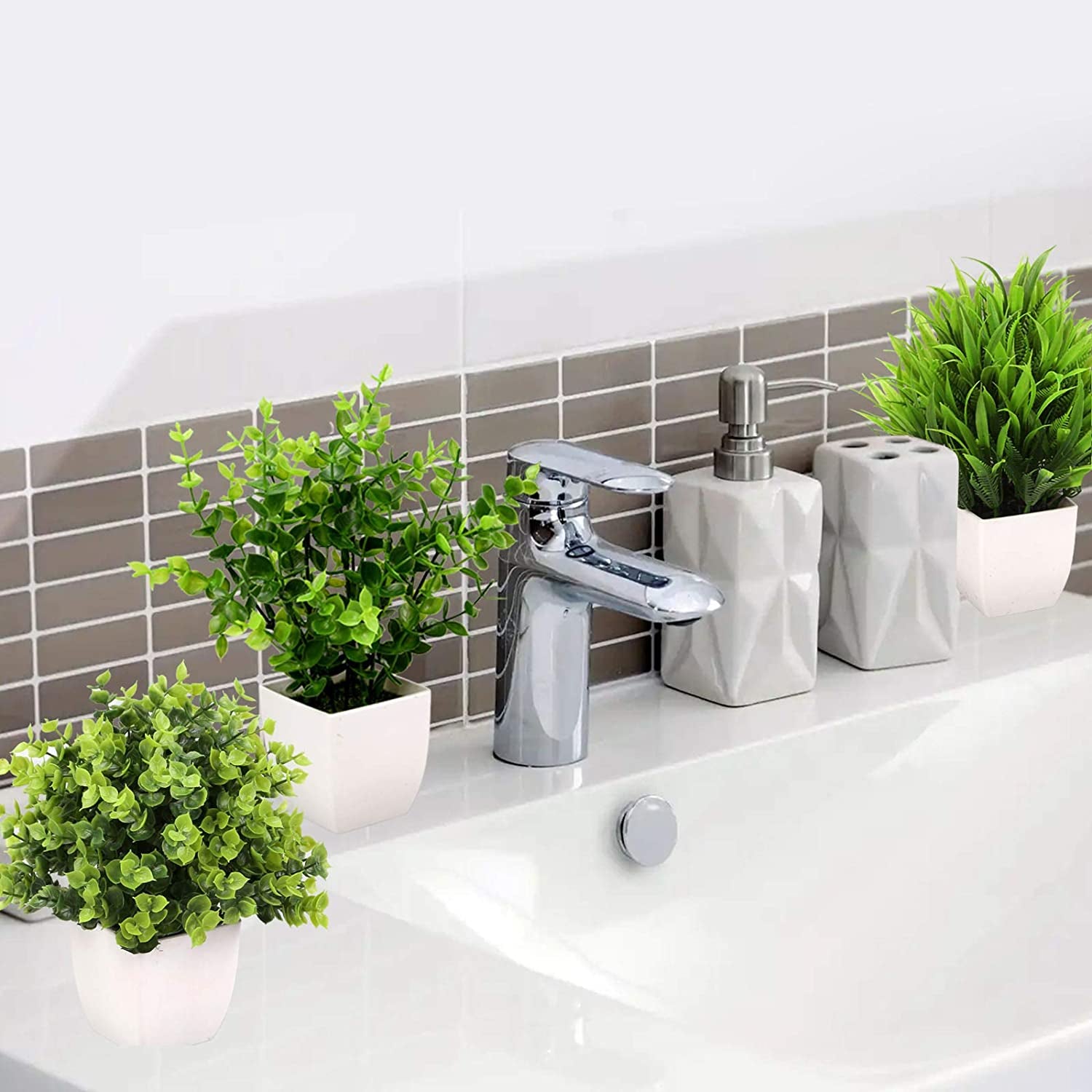 3Pack Mini Fake Plants in Pots,Artificial Plastic Eucalyptus Plants,Wheat Grass Potted Faux Plants Indoor for Office Desk Coffee Table Bathroom Bedroom Home Decorations