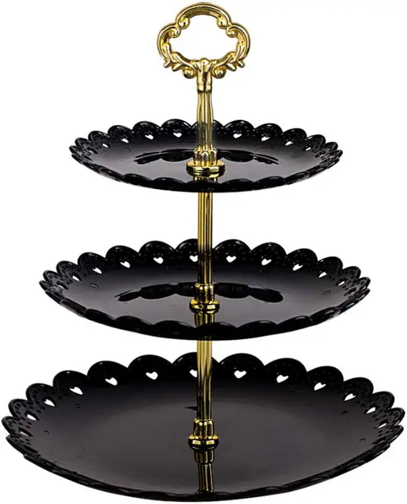 Black round Plate 3 Tiered Serving Stand Tray Cake Stands Cupcake Holder Dessert Stand Table Decorations for Party Kids Birthday Tea Party Baby Shower