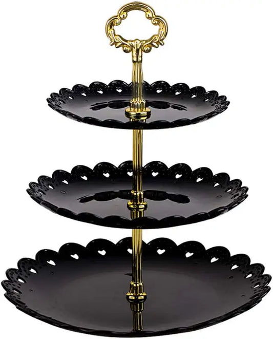 Black round Plate 3 Tiered Serving Stand Tray Cake Stands Cupcake Holder Dessert Stand Table Decorations for Party Kids Birthday Tea Party Baby Shower