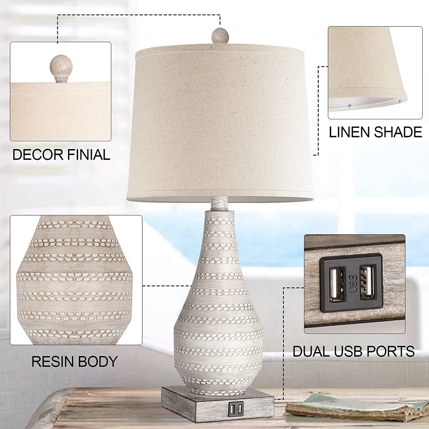 3 Way Dimmable Touch Lamps for Bedroom Set of 2, Bedside Lamp with USB Ports,Rustic Table Lamp for Living Room with Gray Body, Resin Nightstand Lamp with Linen Shade, Farmhouse Lamp for Study Room