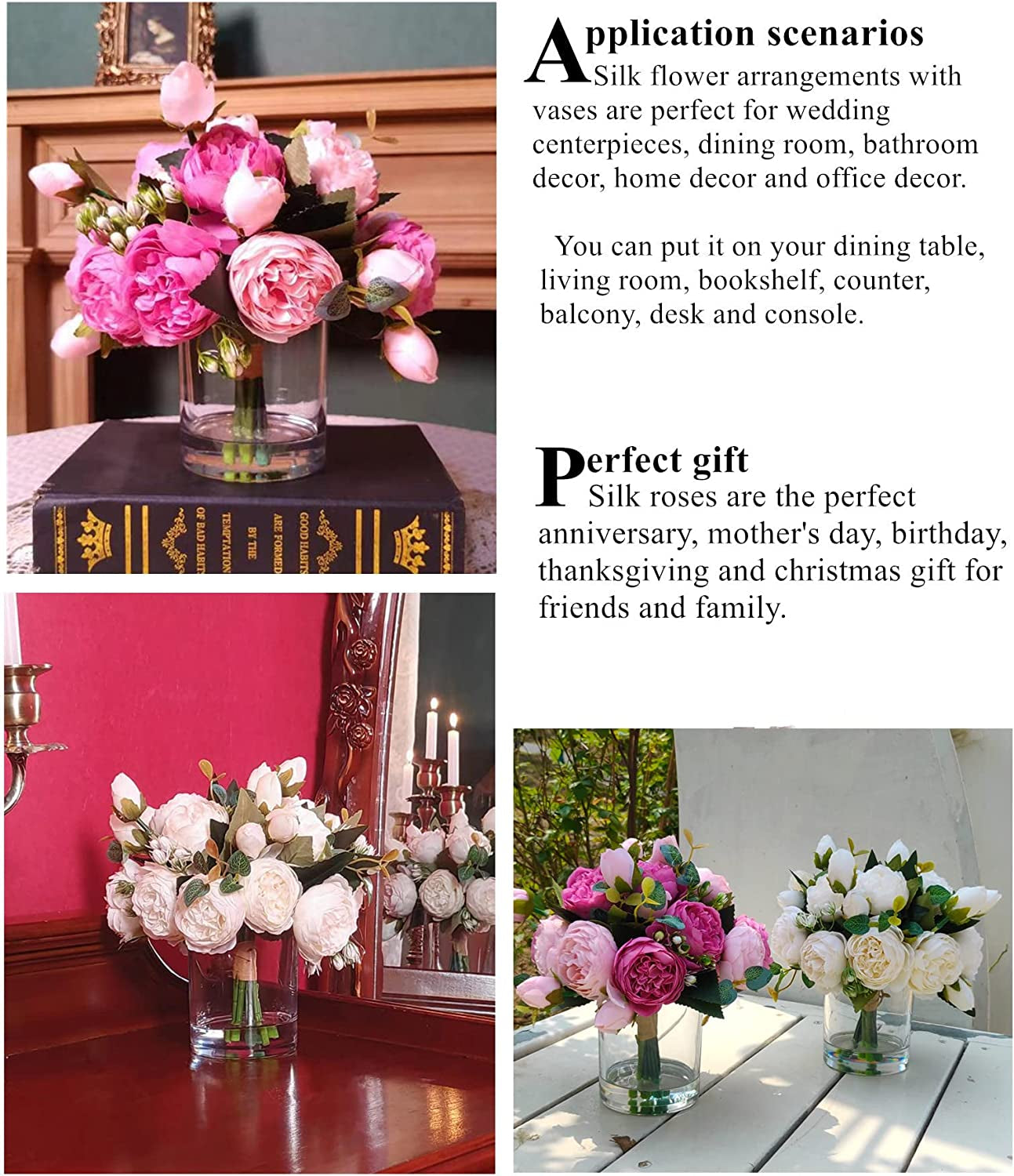 Floral Artificial Flowers Rose Fake Flowers Arrangement in Cube Glass Vase with Faux Water (Pink Pale Pink, 1)