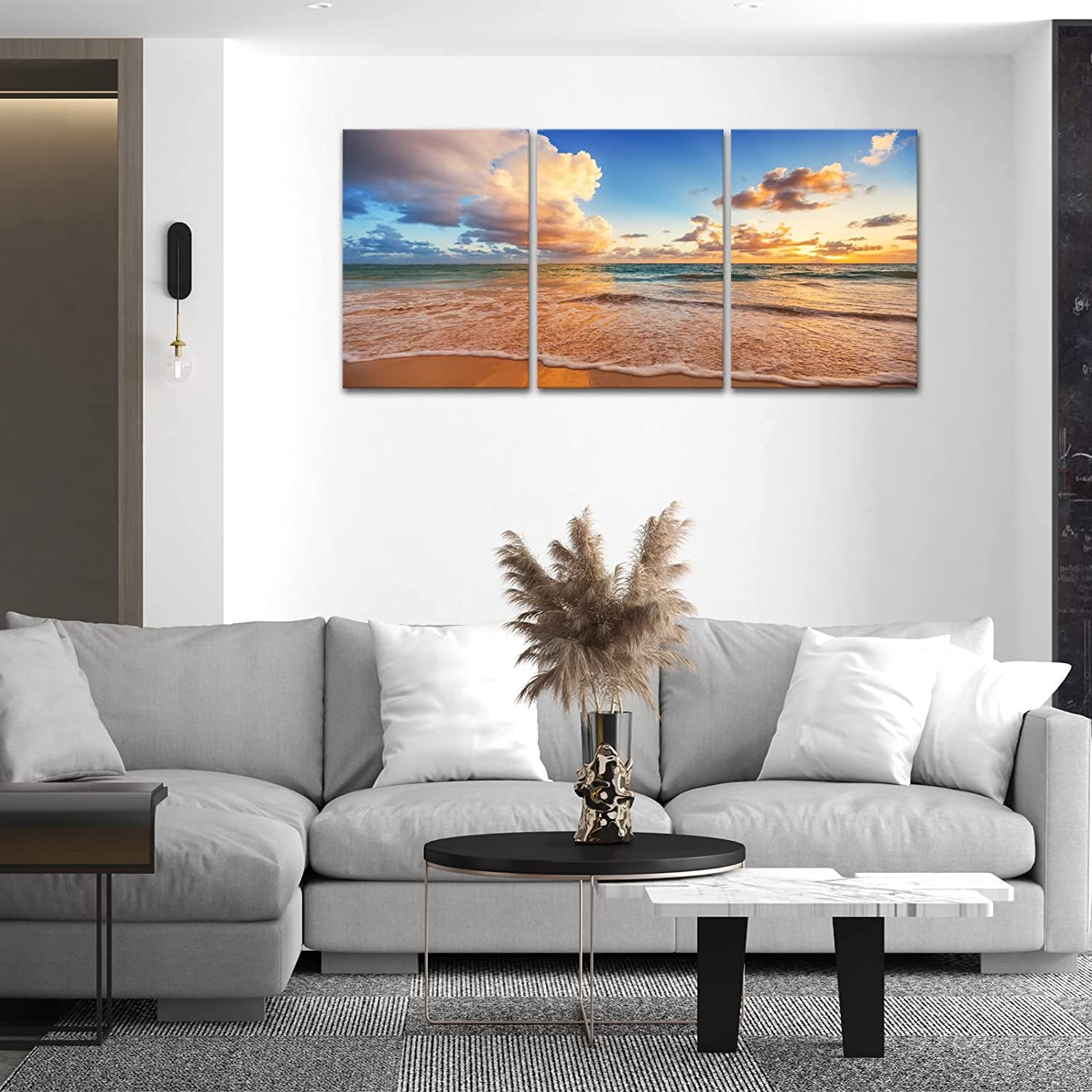 Sunrise Beach Canvas Wall Art, Baiyun Ocean Landscape Poster Framed, Canvas Painting Printing Picture for Home Bedroom Bathroom,12" X 16" X 3 PCS